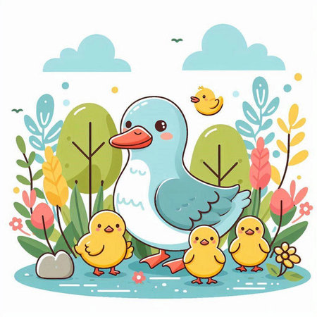 Vector illustration of cute cartoon bird with ducklings in the garden.のイラスト素材