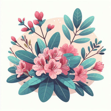 Bouquet of pink rhododendrons with leaves. Vector illustration.のイラスト素材