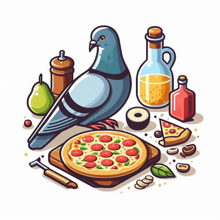 Pigeon eating pizza with ingredients on white background. Vector illustration.のイラスト素材