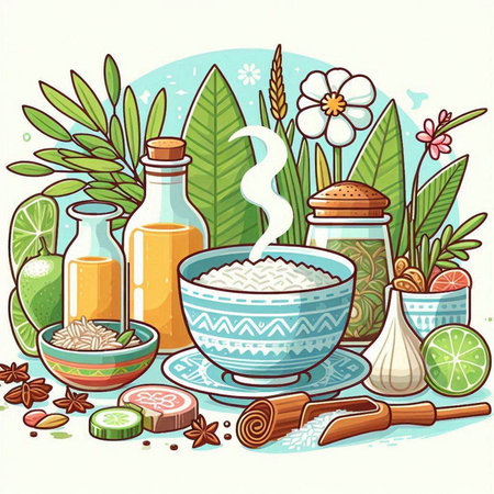 Spa set with aroma oils, herbs and spices. Vector illustration.のイラスト素材