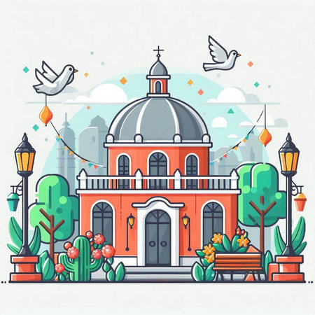 Church in the middle of the city. Vector illustration in flat style.のイラスト素材