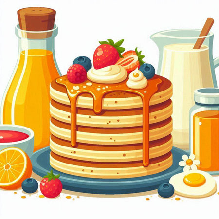 Pancakes with fruits and honey. Vector illustration in cartoon styleのイラスト素材