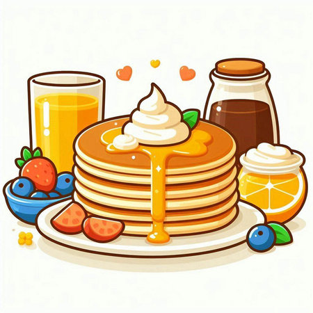 Illustration of a stack of pancakes with orange juice and fresh berriesのイラスト素材