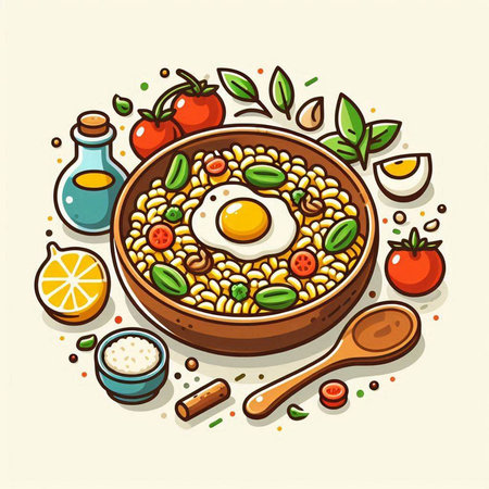 Bowl of oatmeal with fried egg and vegetables. Vector illustration.のイラスト素材