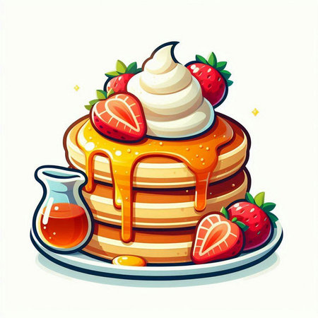 Pancakes with whipped cream, strawberries and syrup. Vector illustration.のイラスト素材
