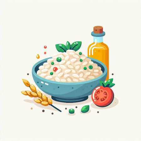 Risotto with tomatoes and olive oil in a bowl. Vector illustration.のイラスト素材