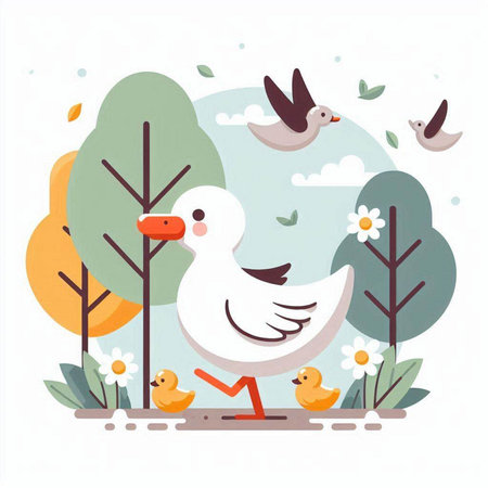 Vector illustration of a goose with ducklings and flowers in the background.のイラスト素材