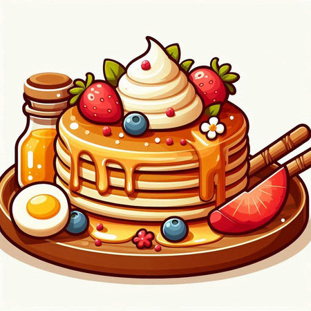 Illustration of a stack of pancakes with cream and berries on a plateのイラスト素材