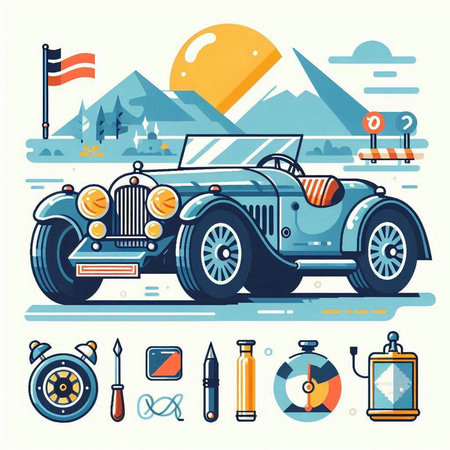 Retro vintage car on the background of mountains. Flat vector illustration.のイラスト素材
