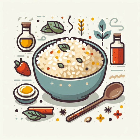 Illustration of a bowl of risotto with ingredients on a light backgroundのイラスト素材