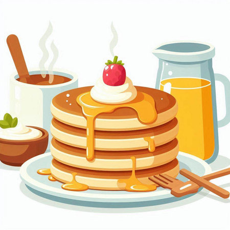 Illustration of a stack of pancakes with honey and a cup of coffeeのイラスト素材