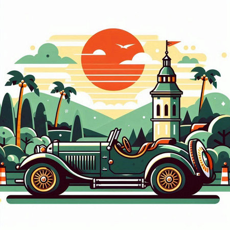 Vintage car on the background of the setting sun. Vector illustrationのイラスト素材