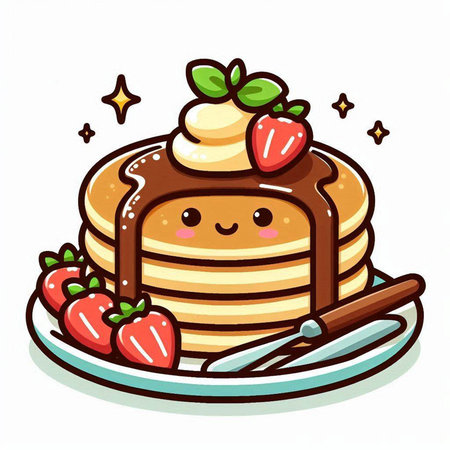 Cute pancakes with whipped cream, strawberries and mint. Vector illustration.のイラスト素材