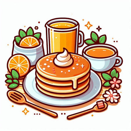 Pancakes with honey and orange juice. Hand drawn vector illustration.のイラスト素材