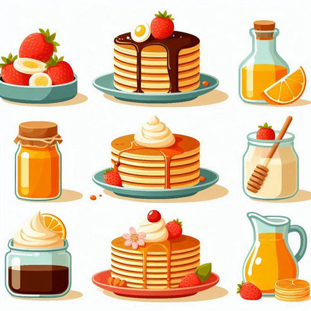 Illustration of a set of pancakes and other desserts on a white backgroundのイラスト素材