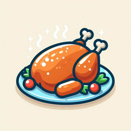 Illustration of roasted chicken on a plate. Vector illustration in cartoon style.のイラスト素材