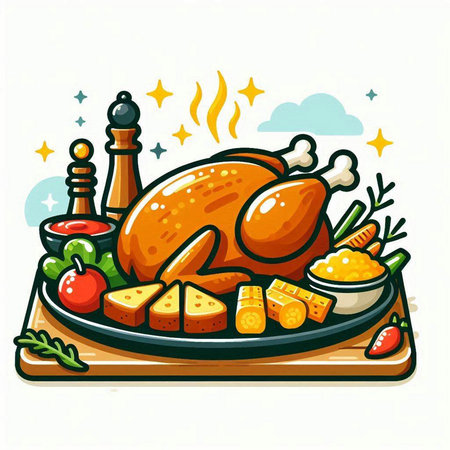 Roast chicken with vegetables and spices on a plate. Vector illustration.のイラスト素材