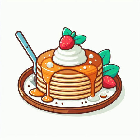 Pancakes with whipped cream and strawberry on plate. Vector illustration.のイラスト素材