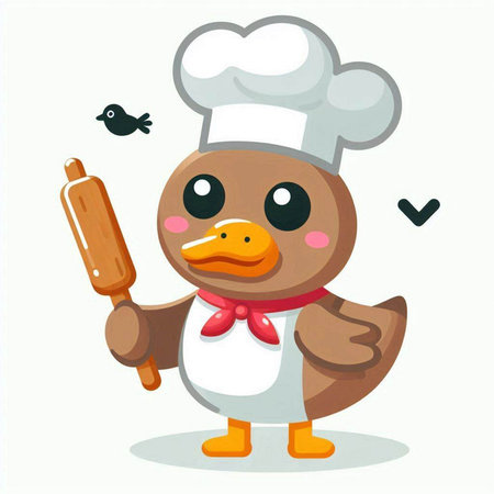 Duck chef with rolling pin. Cute cartoon vector illustration.のイラスト素材