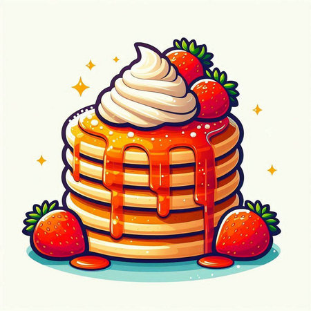 Illustration of a stack of pancakes with strawberries and whipped cream.のイラスト素材