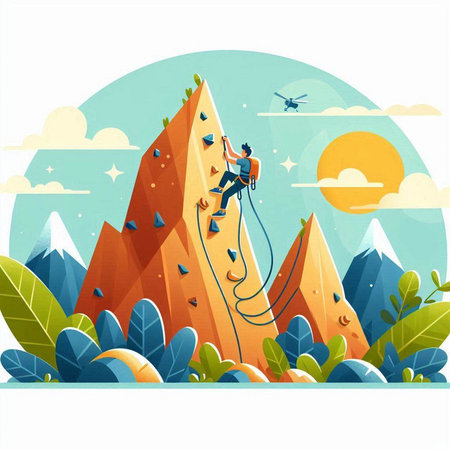 Climbing in the mountains. Vector illustration. Cartoon style.のイラスト素材