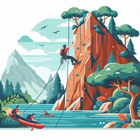 Climbing on the rocks in the forest. Cartoon vector illustration.のイラスト素材