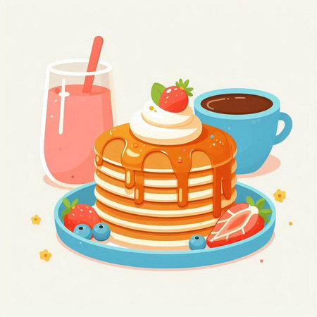 Cup of coffee with pancakes and berry. Vector illustration.のイラスト素材