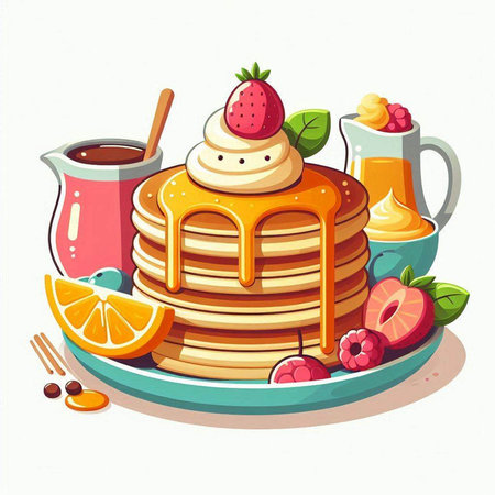 Pancakes with whipped cream and berries on a plate. Vector illustration.のイラスト素材