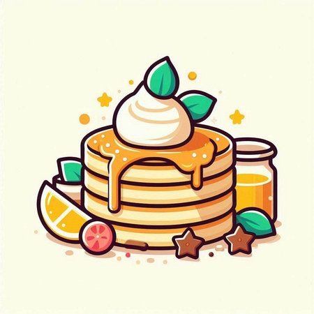 Pancakes with whipped cream, orange juice, honey and mint. Vector illustration.のイラスト素材
