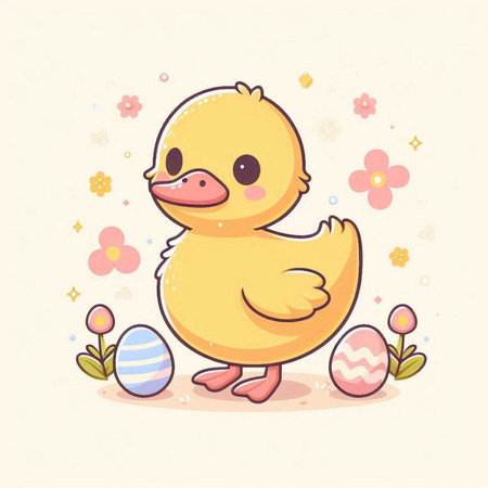 Cute little duckling and easter eggs. Vector illustration.のイラスト素材