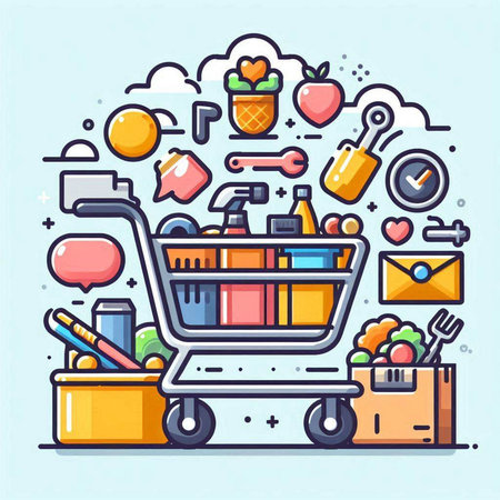 Shopping cart filled with food and household items. Vector illustration in thin line style.のイラスト素材