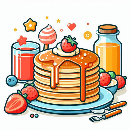 Vector illustration of a stack of pancakes with strawberries and syrup on a white backgroundのイラスト素材