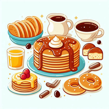 Cup of coffee with pancakes and buns. Vector illustration.のイラスト素材