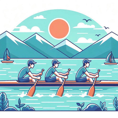 Two men rowing on the lake. Flat style vector illustration.のイラスト素材