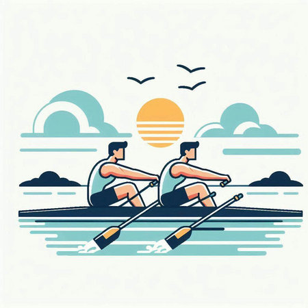 Two men rowing on the lake. Vector illustration in flat style.のイラスト素材