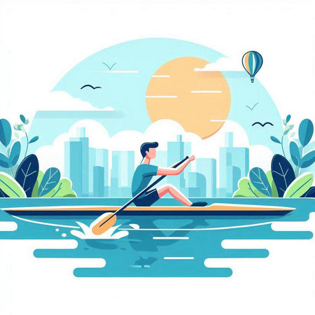 Man in a kayak on the river. Flat vector illustration.のイラスト素材