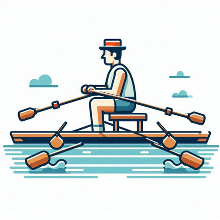 Man rowing on a boat. Vector illustration in cartoon style.のイラスト素材
