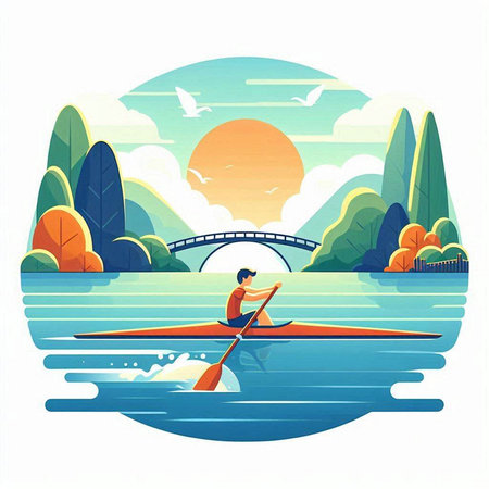 Kayaking on the river. Vector illustration in a flat style.のイラスト素材