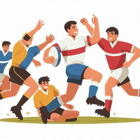 Rugby players. Vector illustration of a group of men playing rugby.のイラスト素材