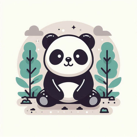 Cute panda sitting on the ground in the forest. Vector illustration.のイラスト素材