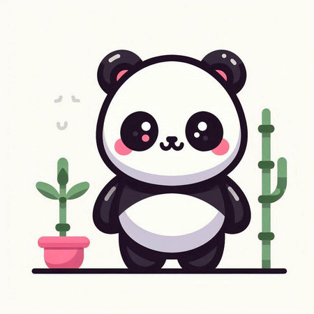 Cute panda with bamboo. Vector illustration in flat style.のイラスト素材