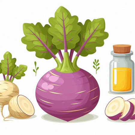 Illustration of a purple turnip with some vegetables on a white backgroundのイラスト素材