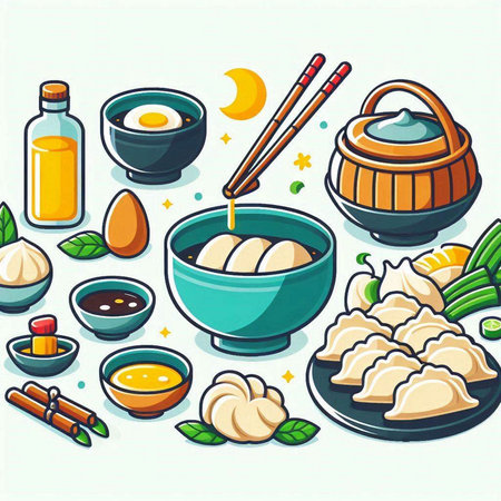 Illustration set of Asian food icons in cartoon style on white backgroundのイラスト素材