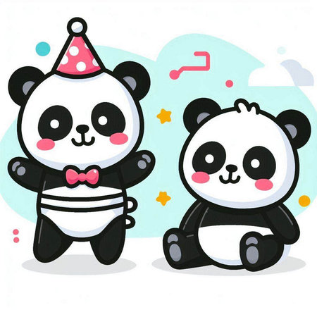 Cute cartoon panda couple with party hat. Vector illustration.のイラスト素材