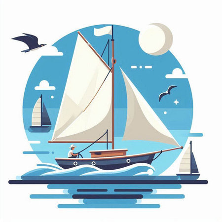 Sailing boat in the sea. Vector illustration in flat style.のイラスト素材