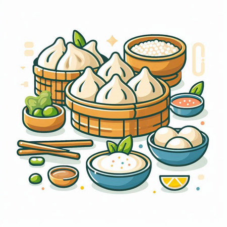 Vector illustration of Chinese dumplings in bamboo basket on white background.のイラスト素材