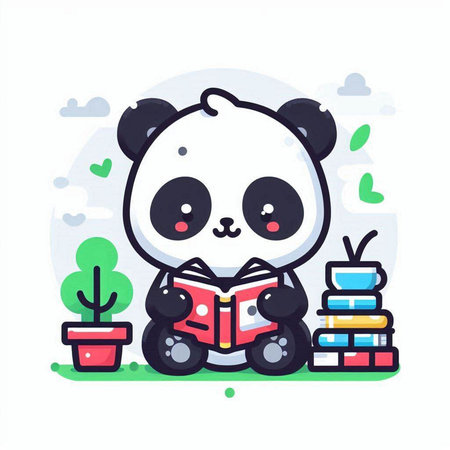 Cute panda reading a book. Vector illustration in cartoon style.のイラスト素材