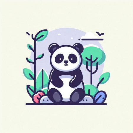Cute panda in the forest. Vector illustration in flat styleのイラスト素材