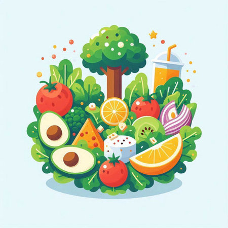 Fruit and vegetable salad. Vector illustration in flat cartoon style.のイラスト素材