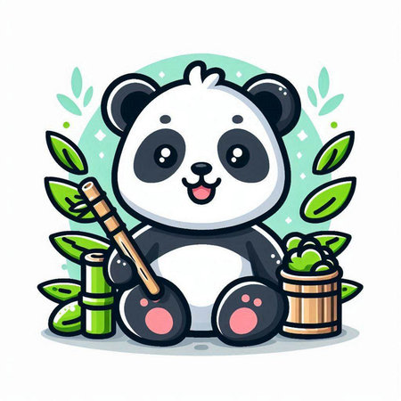 Cute panda with bamboo and bamboo bucket. Vector illustration.のイラスト素材